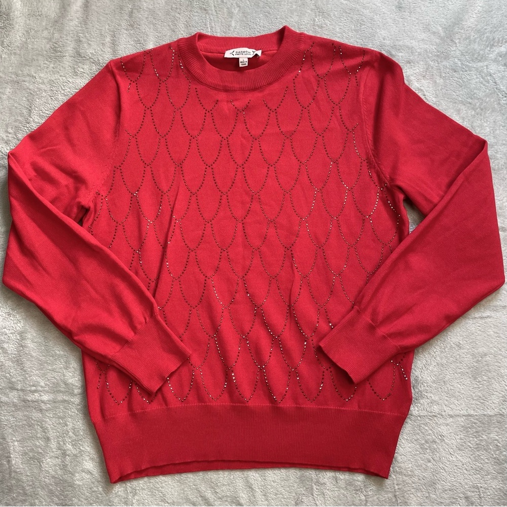 Nanette Lepore Sweater Large Red Crewneck Jeweled Scale Pattern Mermaid